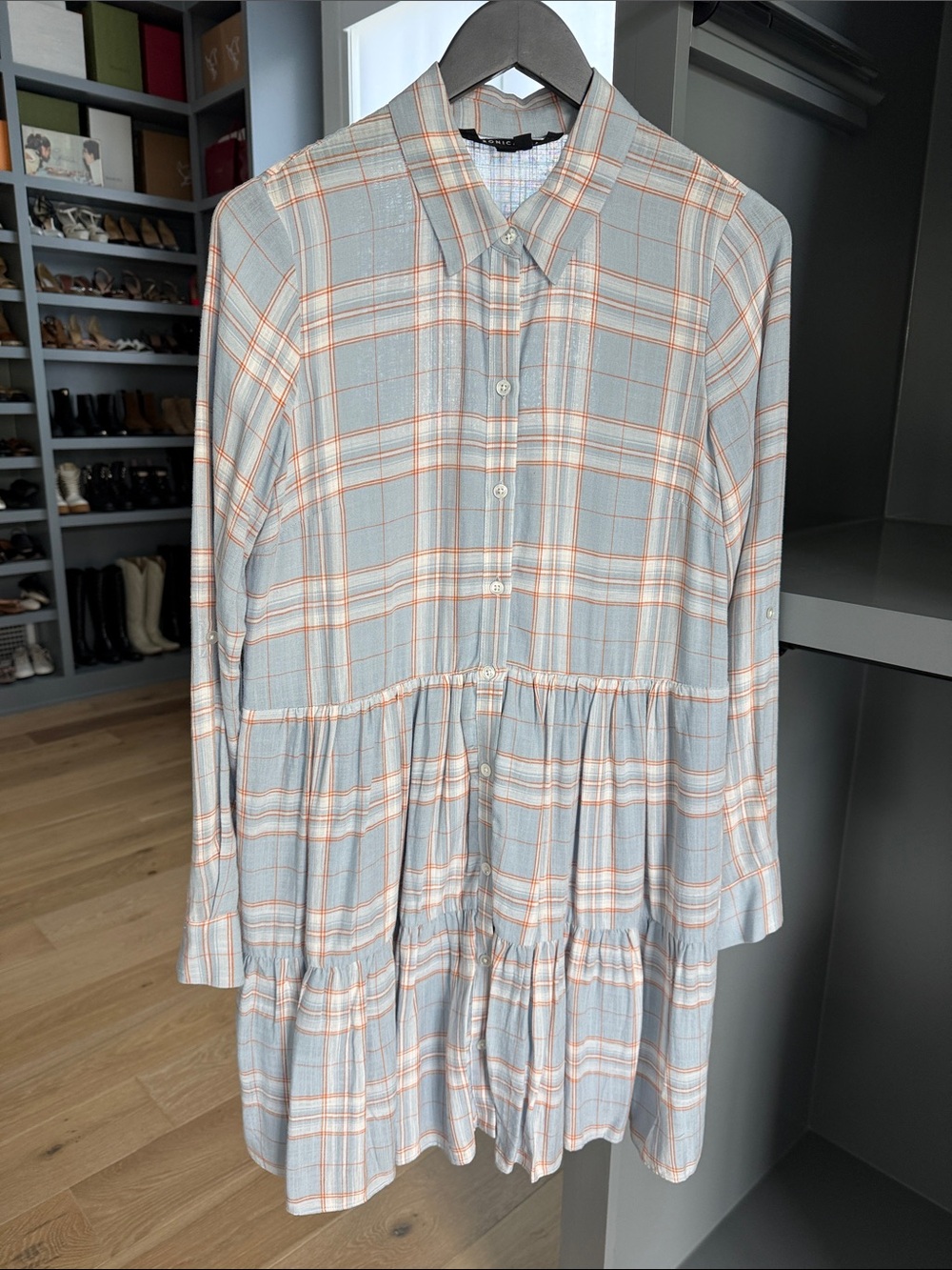 VERONICA BEARD Jemila Plaid Linen Button-Front Tiered Mini Dress